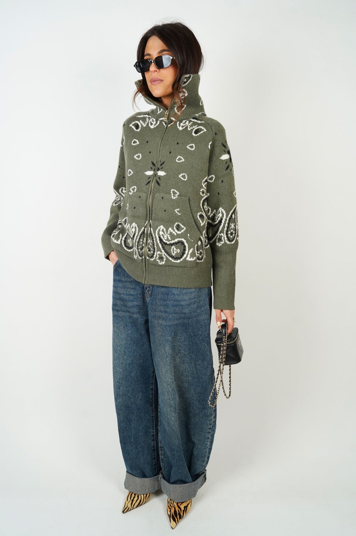 Knit Paisley Zip Up Cardigan Sweater