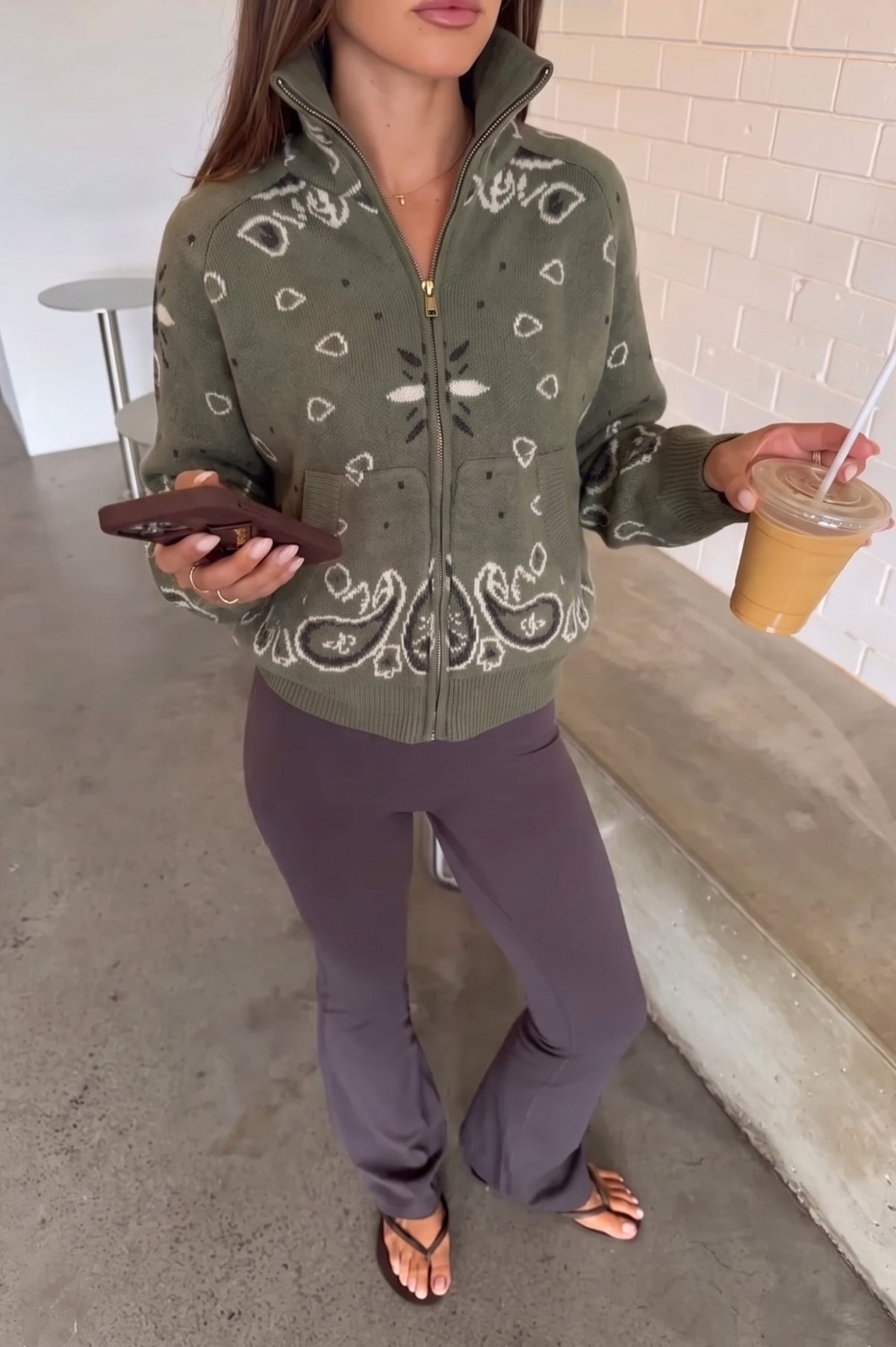 Knit Paisley Zip Up Cardigan Sweater
