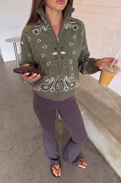 Knit Paisley Zip Up Cardigan Sweater