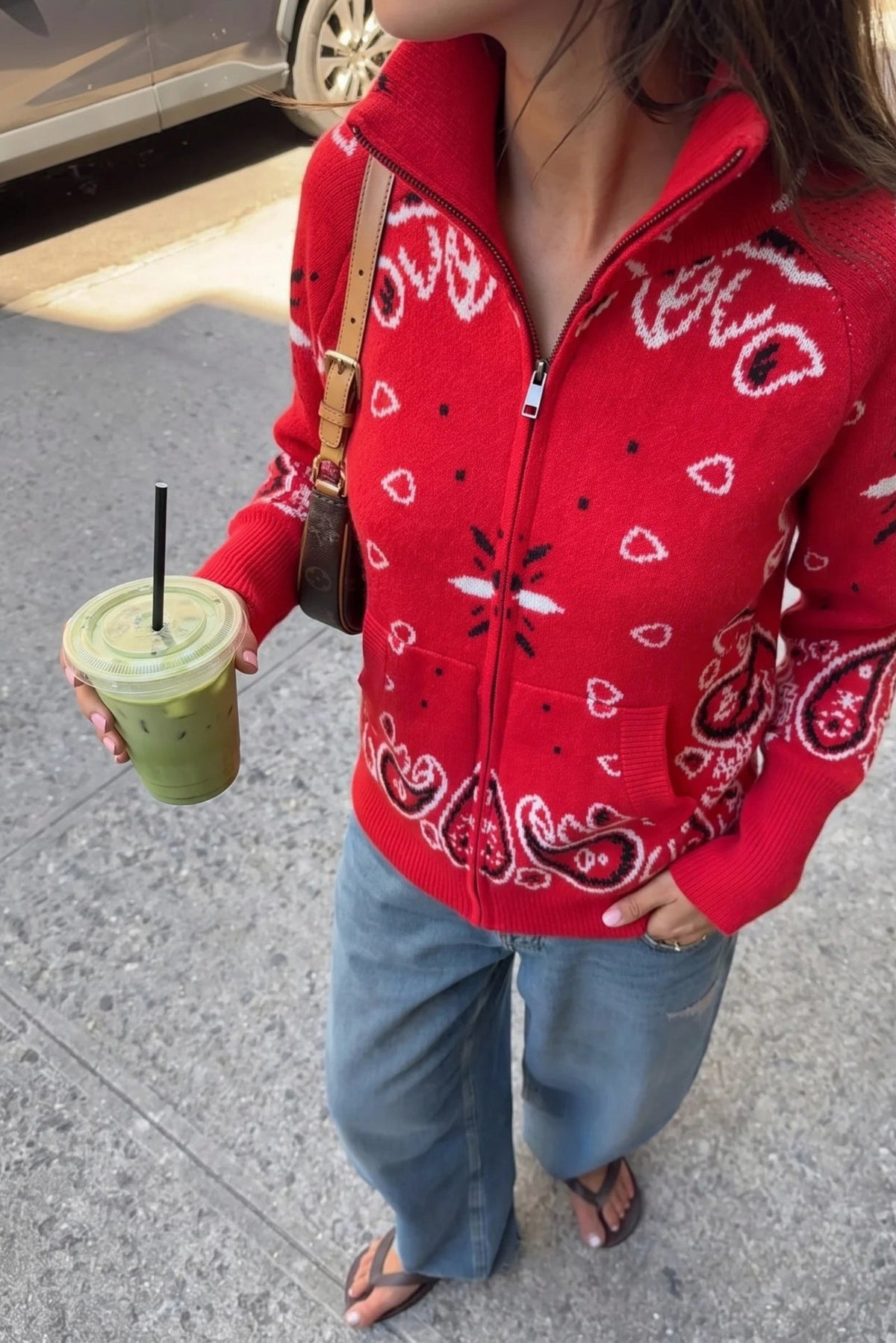 Knit Paisley Zip Up Cardigan Sweater