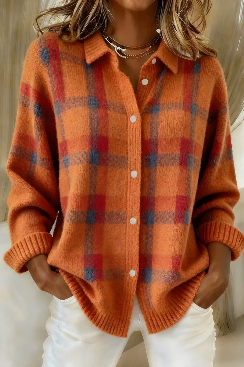 Knit Plaid Button Front Cardigan