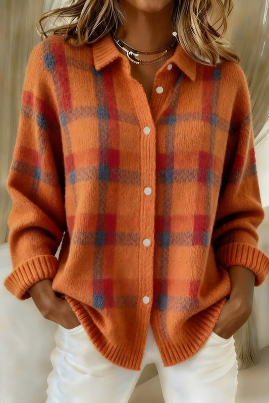 Knit Plaid Button Front Cardigan