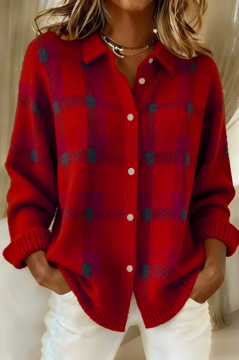 Knit Plaid Button Front Cardigan