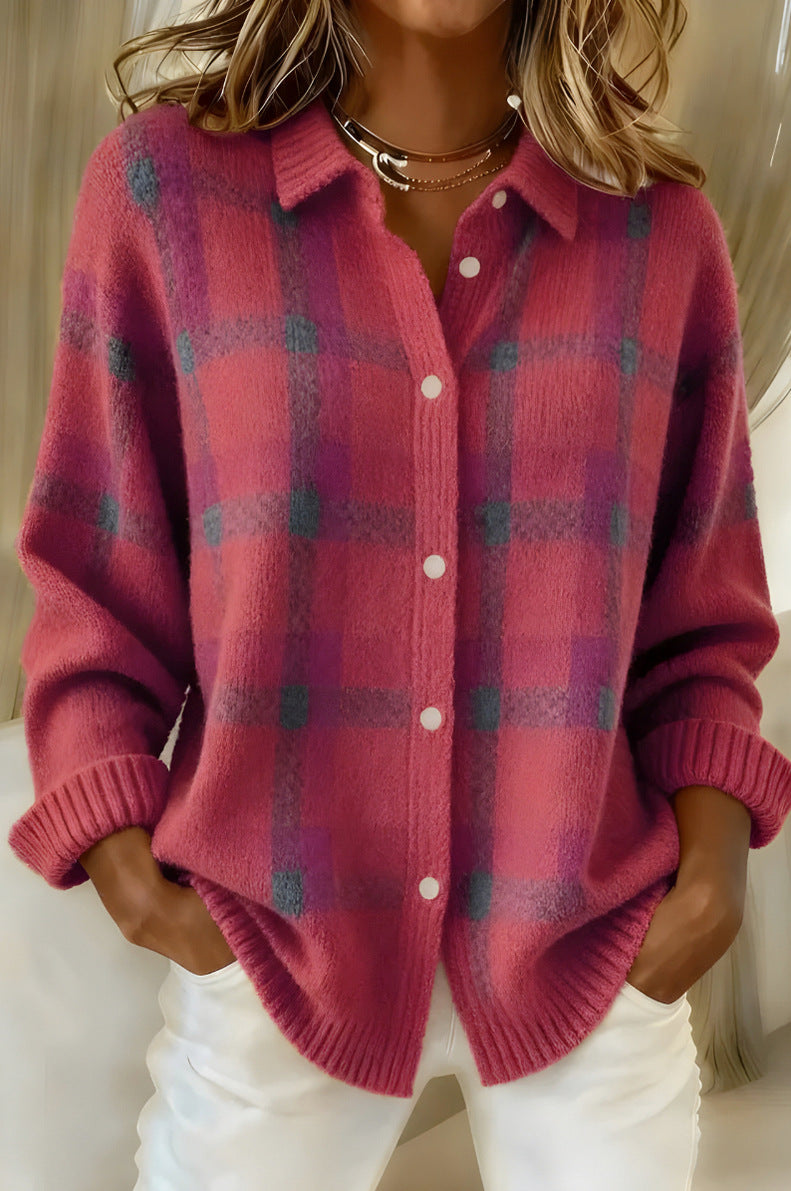 Knit Plaid Button Front Cardigan