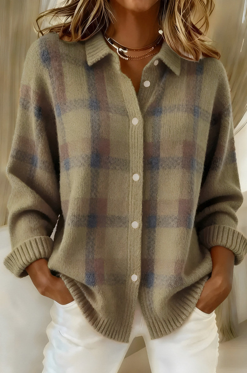 Knit Plaid Button Front Cardigan