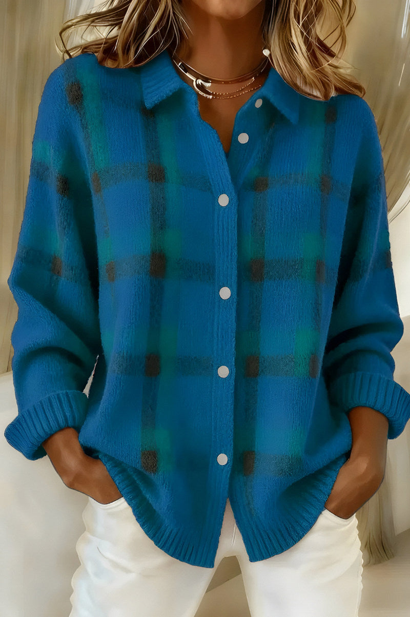Knit Plaid Button Front Cardigan