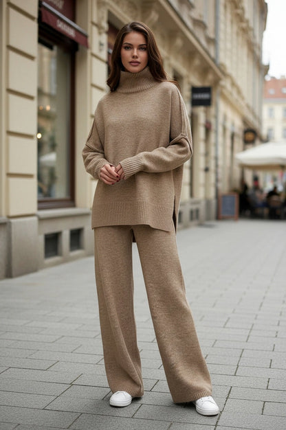 Knit Turtleneck Wide Leg Two Piece Set
