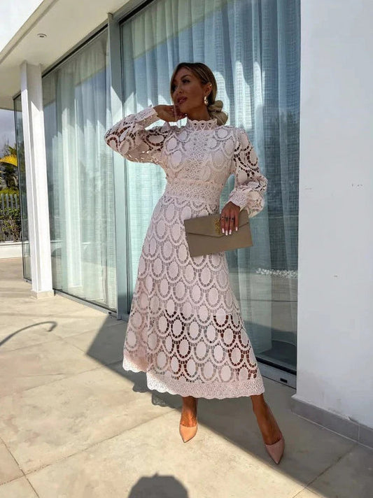 Lace Long Sleeve High Neck Midi Dress