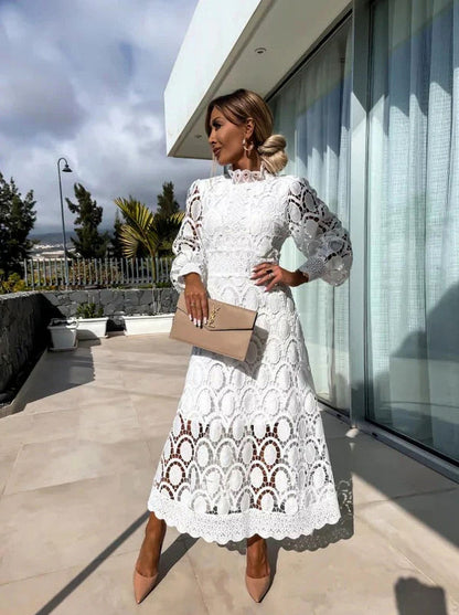 Lace Long Sleeve High Neck Midi Dress