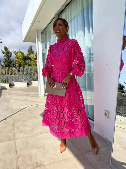 Lace Long Sleeve High Neck Midi Dress