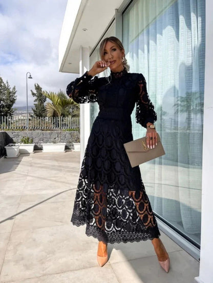 Lace Long Sleeve High Neck Midi Dress