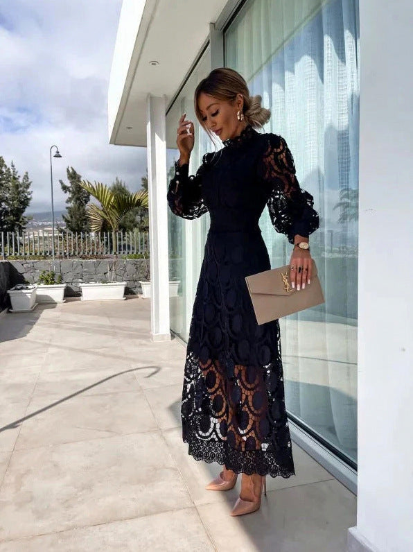 Lace Long Sleeve High Neck Midi Dress