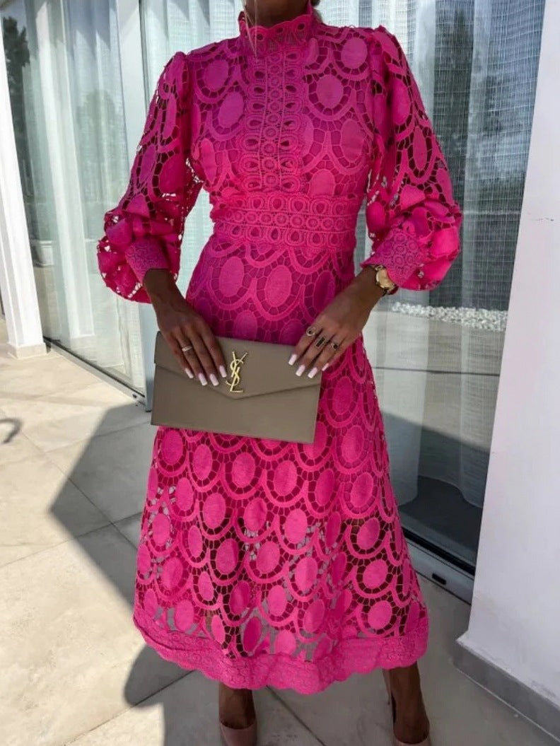 Lace Long Sleeve High Neck Midi Dress