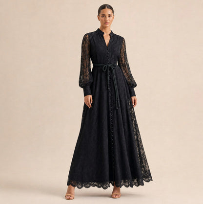 Lace Long Sleeve Button Front Maxi Dress
