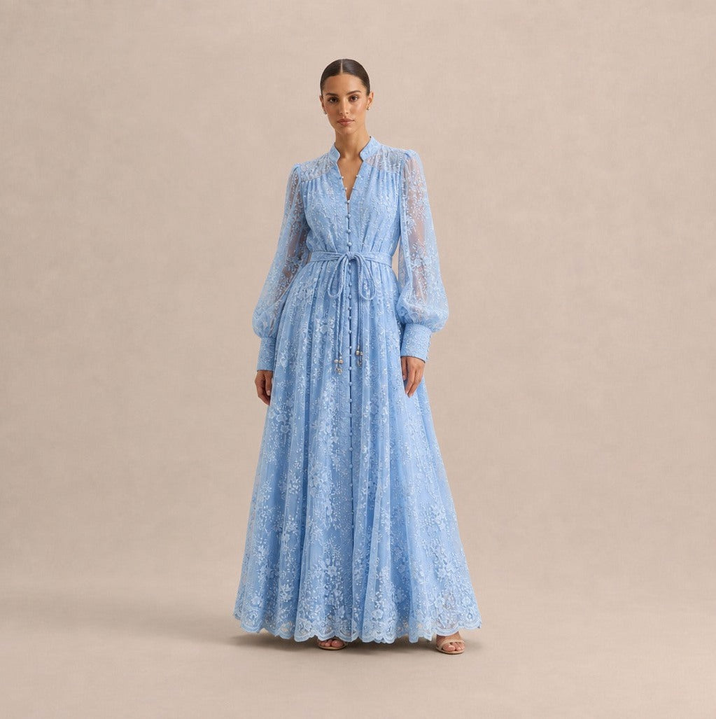 Lace Long Sleeve Button Front Maxi Dress