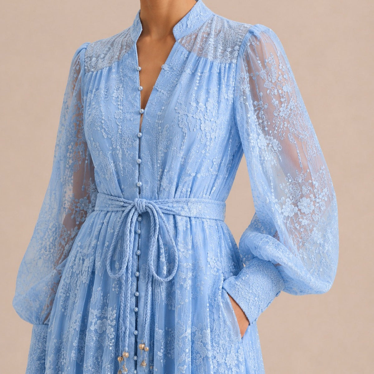 Lace Long Sleeve Button Front Maxi Dress