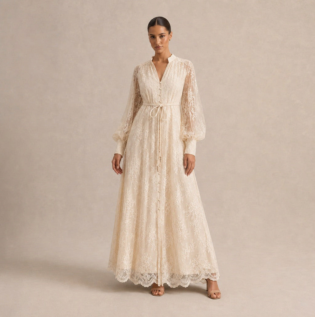 Lace Long Sleeve Button Front Maxi Dress
