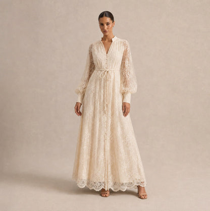 Lace Long Sleeve Button Front Maxi Dress