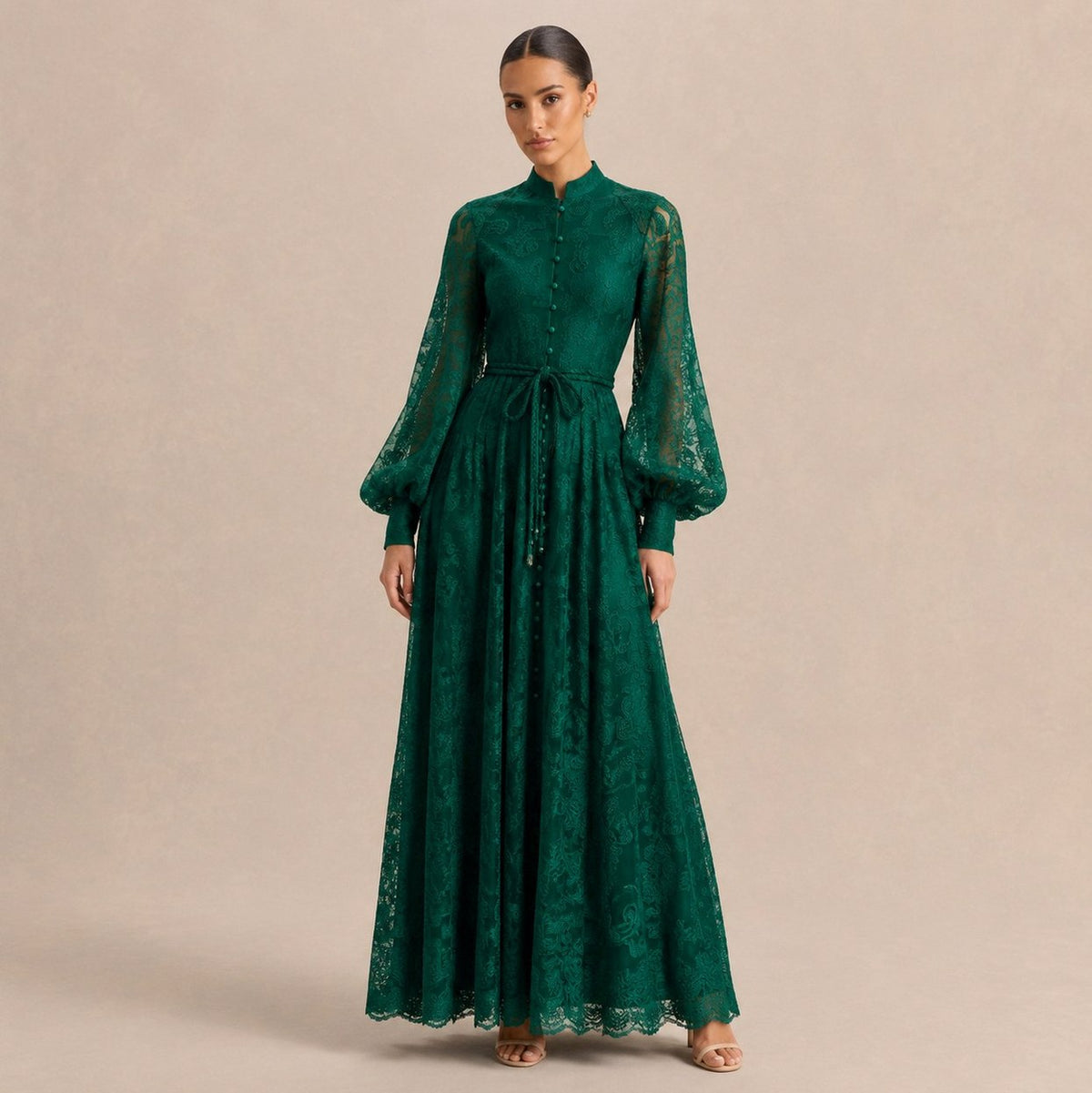 Lace Long Sleeve Button Front Maxi Dress
