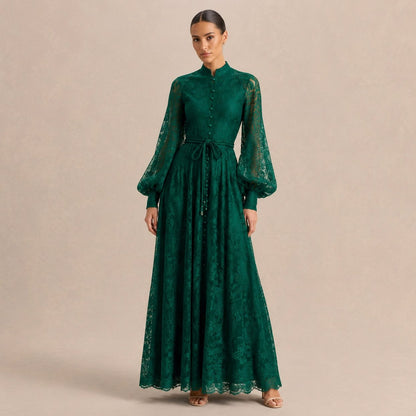 Lace Long Sleeve Button Front Maxi Dress