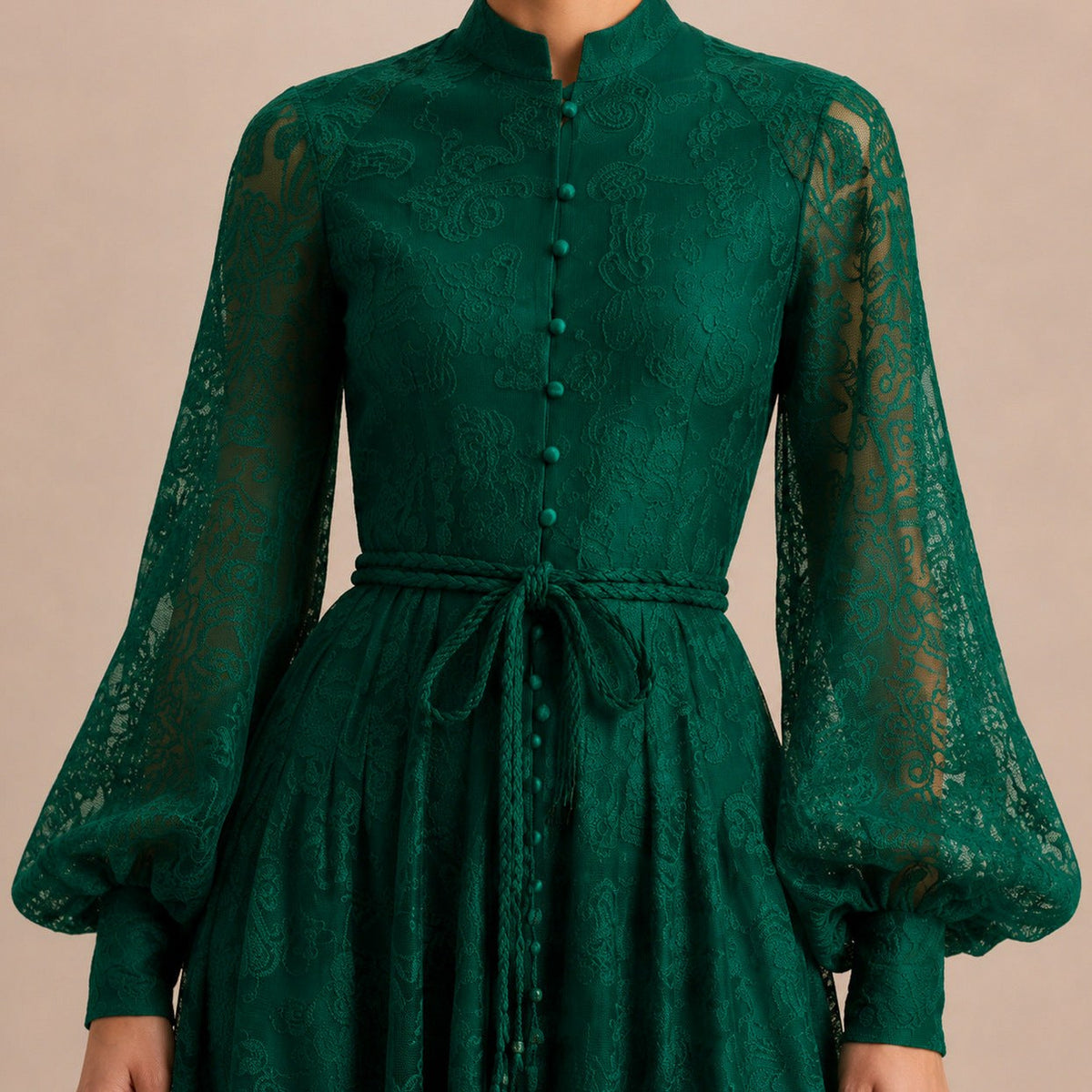 Lace Long Sleeve Button Front Maxi Dress