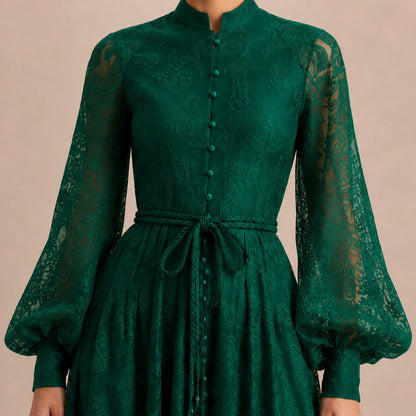 Lace Long Sleeve Button Front Maxi Dress