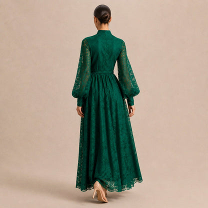 Lace Long Sleeve Button Front Maxi Dress