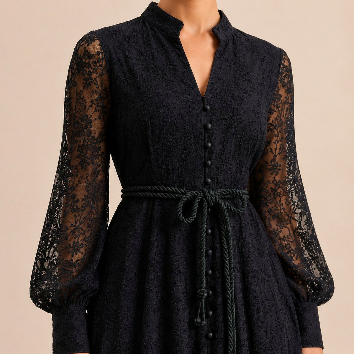 Lace Long Sleeve Button Front Maxi Dress