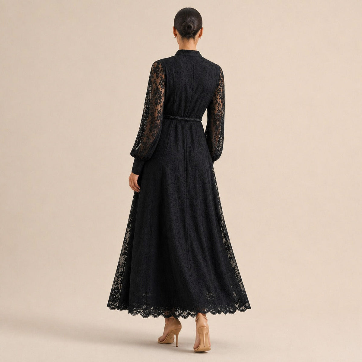 Lace Long Sleeve Button Front Maxi Dress