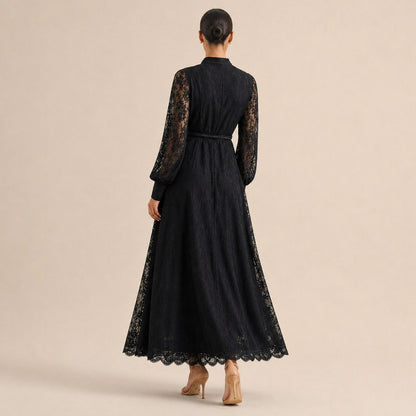 Lace Long Sleeve Button Front Maxi Dress