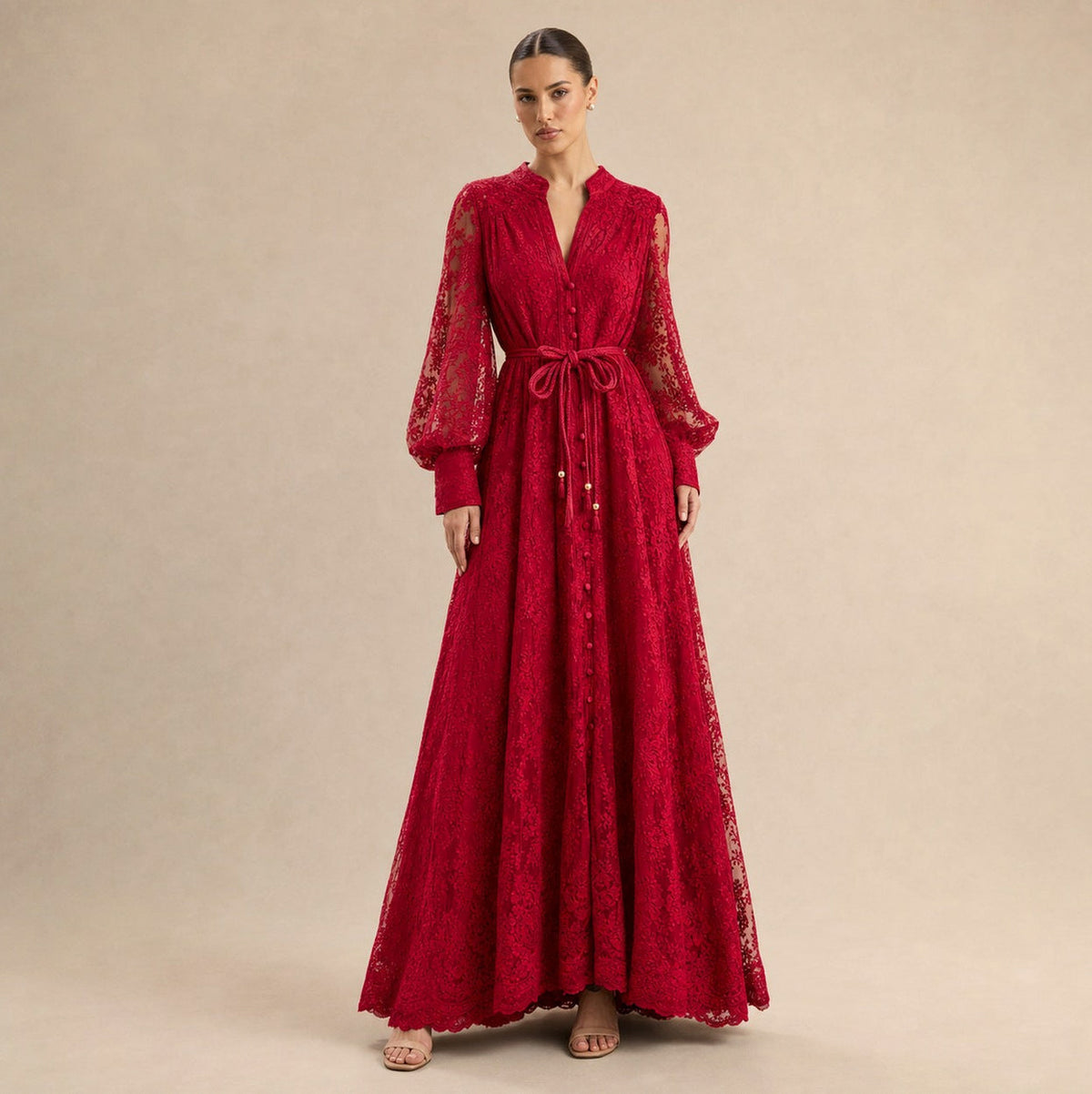Lace Long Sleeve Button Front Maxi Dress