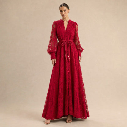 Lace Long Sleeve Button Front Maxi Dress