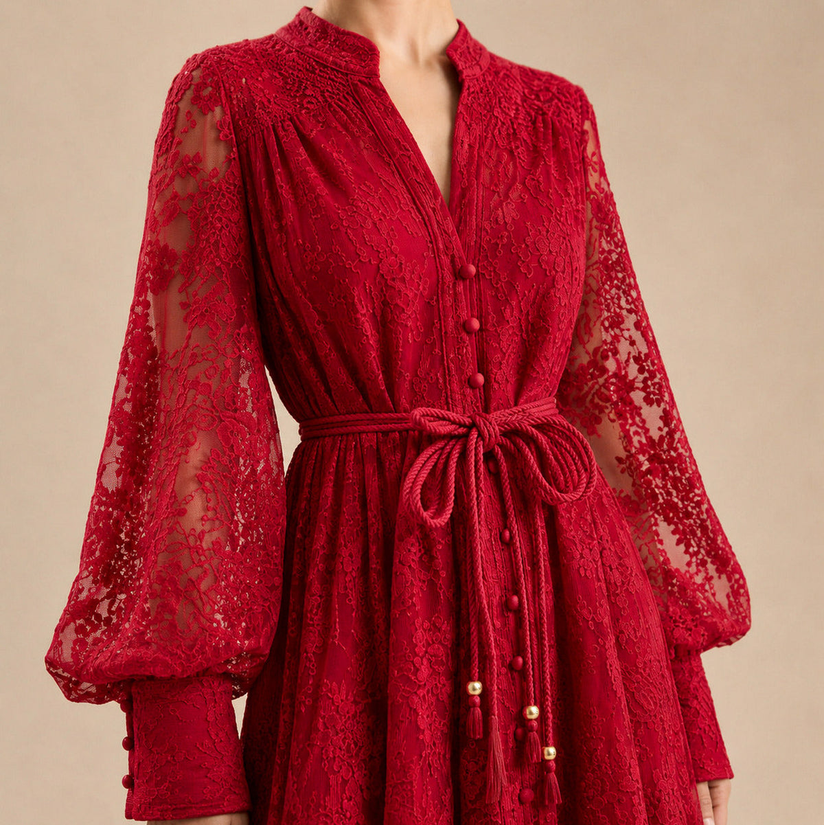 Lace Long Sleeve Button Front Maxi Dress