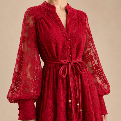 Lace Long Sleeve Button Front Maxi Dress