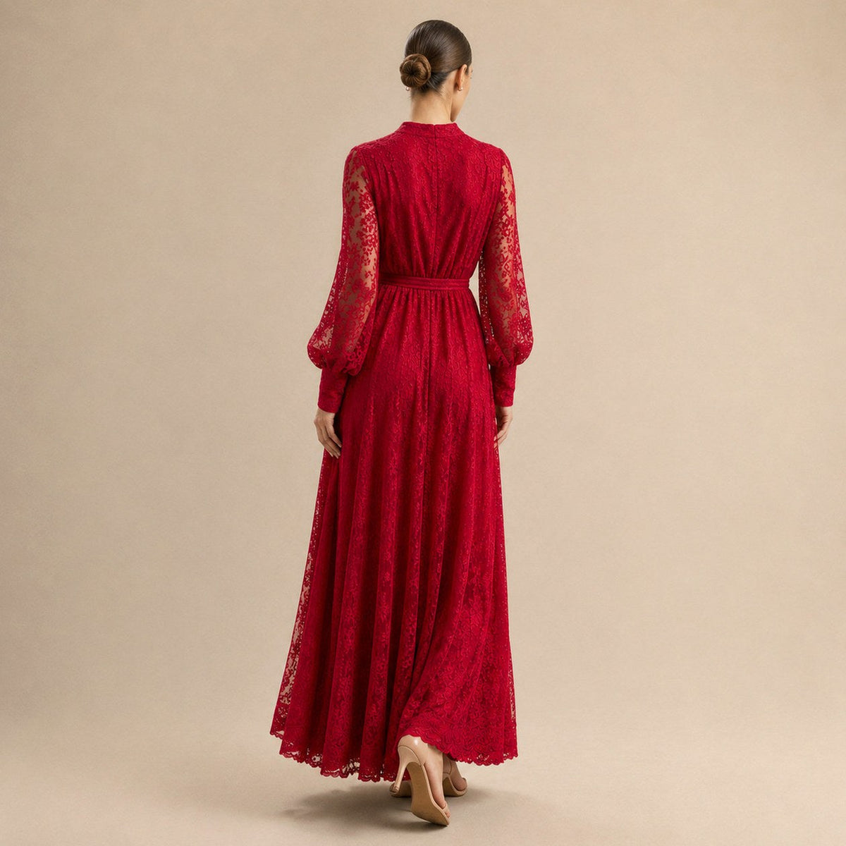 Lace Long Sleeve Button Front Maxi Dress