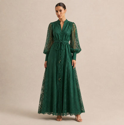 Lace Long Sleeve Button Front Maxi Dress