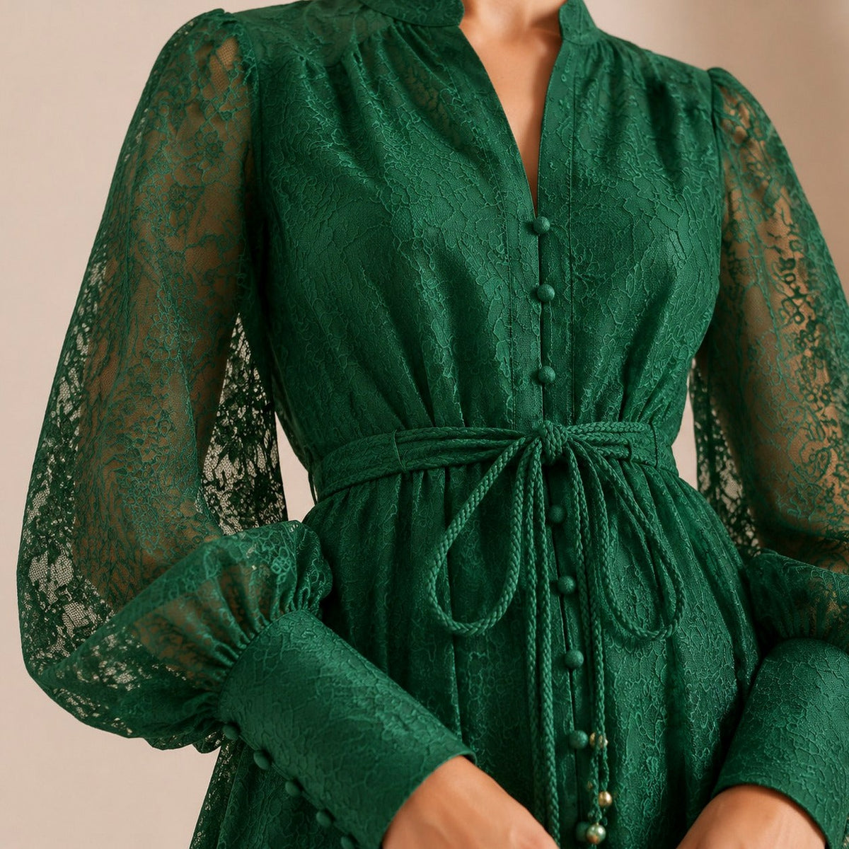 Lace Long Sleeve Button Front Maxi Dress