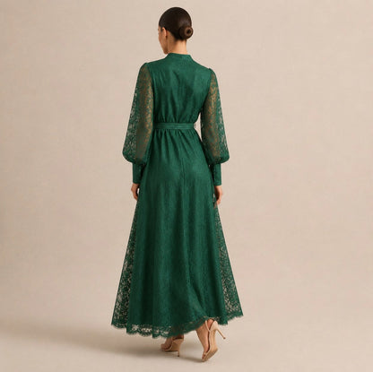 Lace Long Sleeve Button Front Maxi Dress