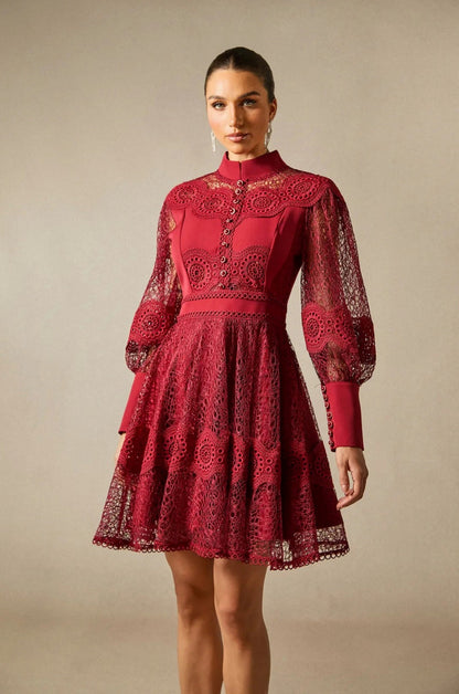 Lace Long Sleeve Mock Neck Mini Dress