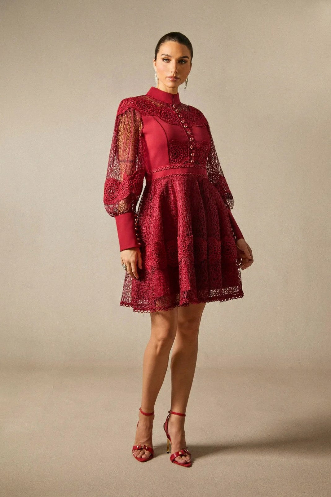 Lace Long Sleeve Mock Neck Mini Dress