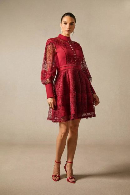 Lace Long Sleeve Mock Neck Mini Dress