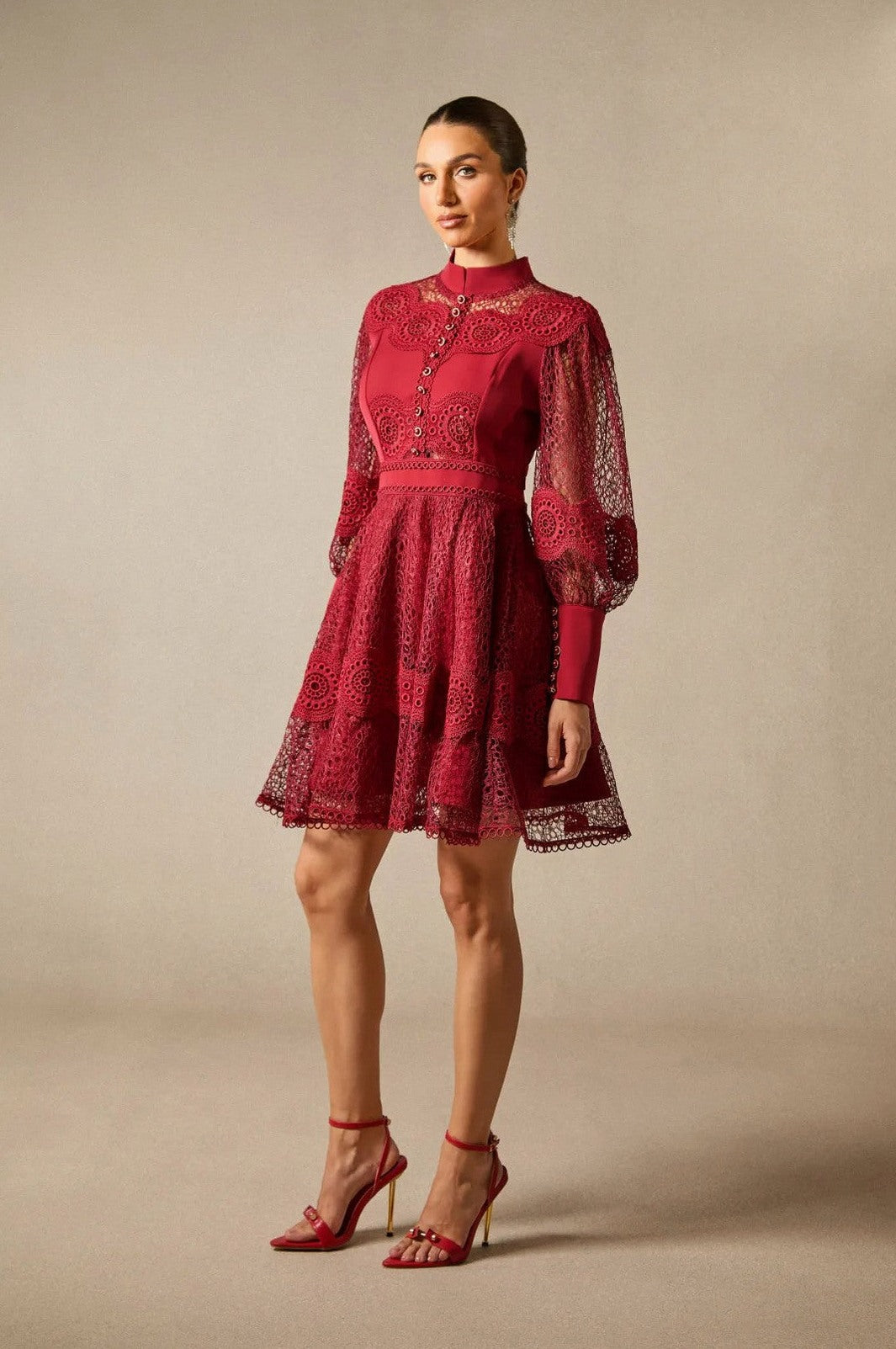 Lace Long Sleeve Mock Neck Mini Dress