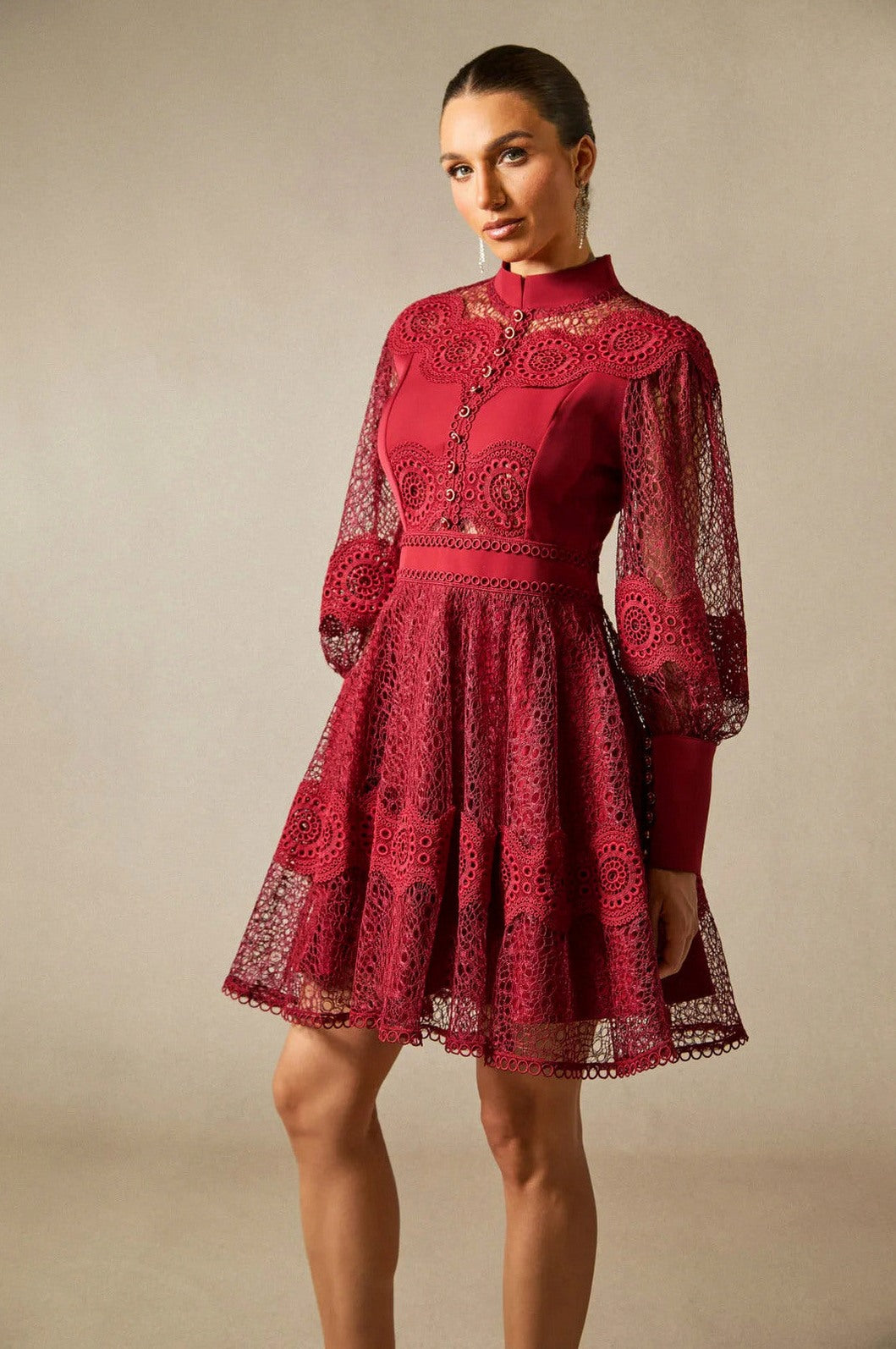 Lace Long Sleeve Mock Neck Mini Dress