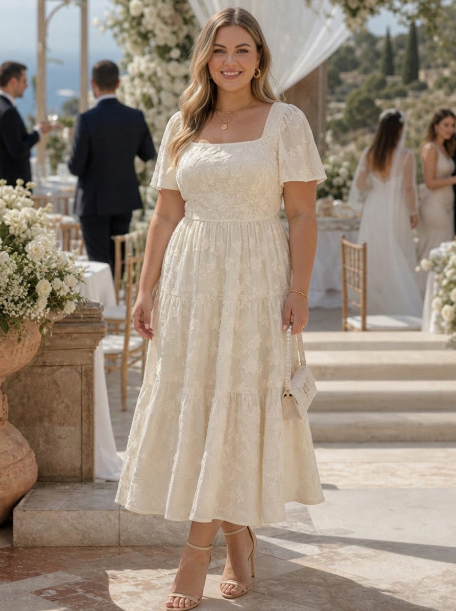 Lace Square Neck Tiered Midi Dress