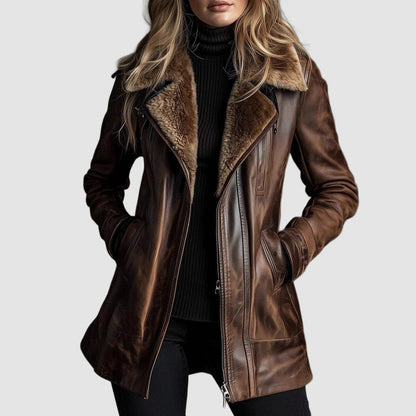 Leather Faux Fur Trim Coat