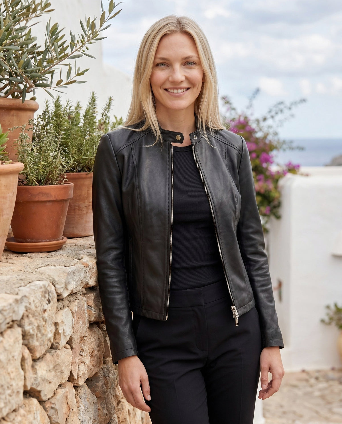 Leather Snap Collar Moto Jacket