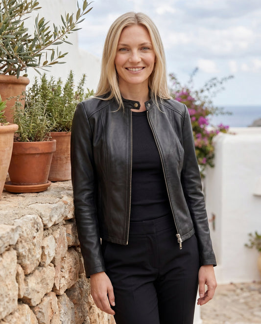 Leather Snap Collar Moto Jacket