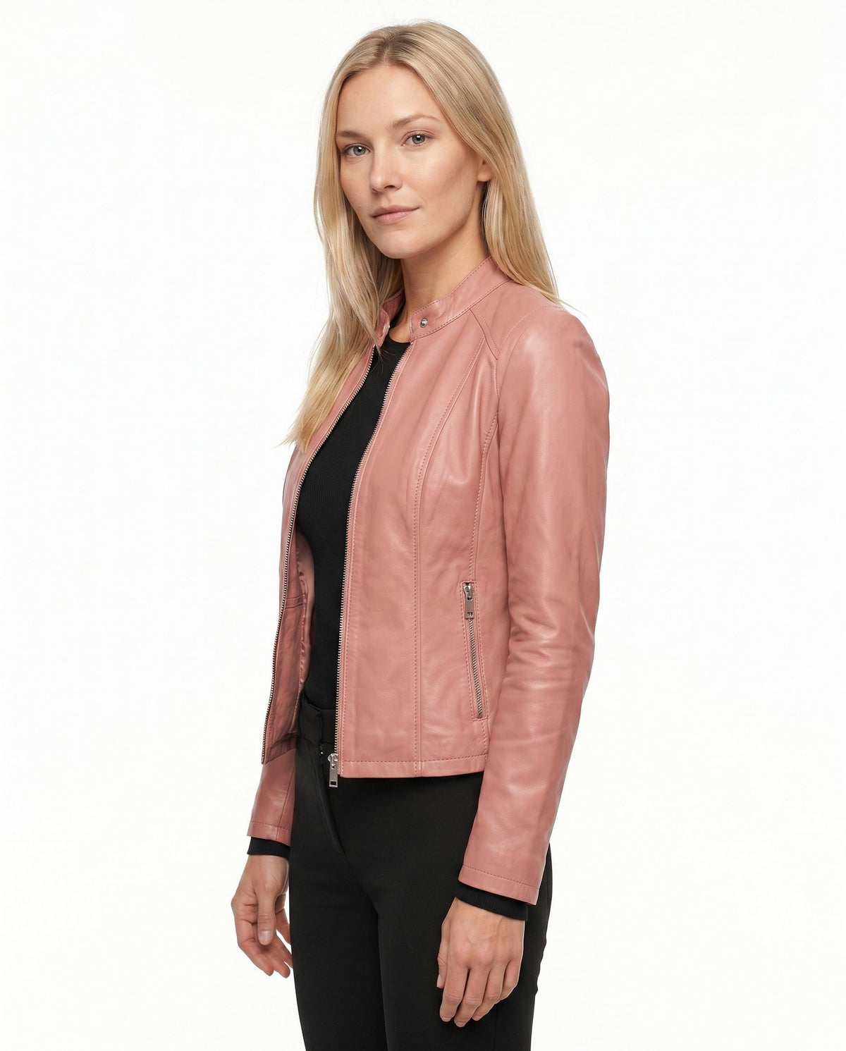 Leather Snap Collar Moto Jacket