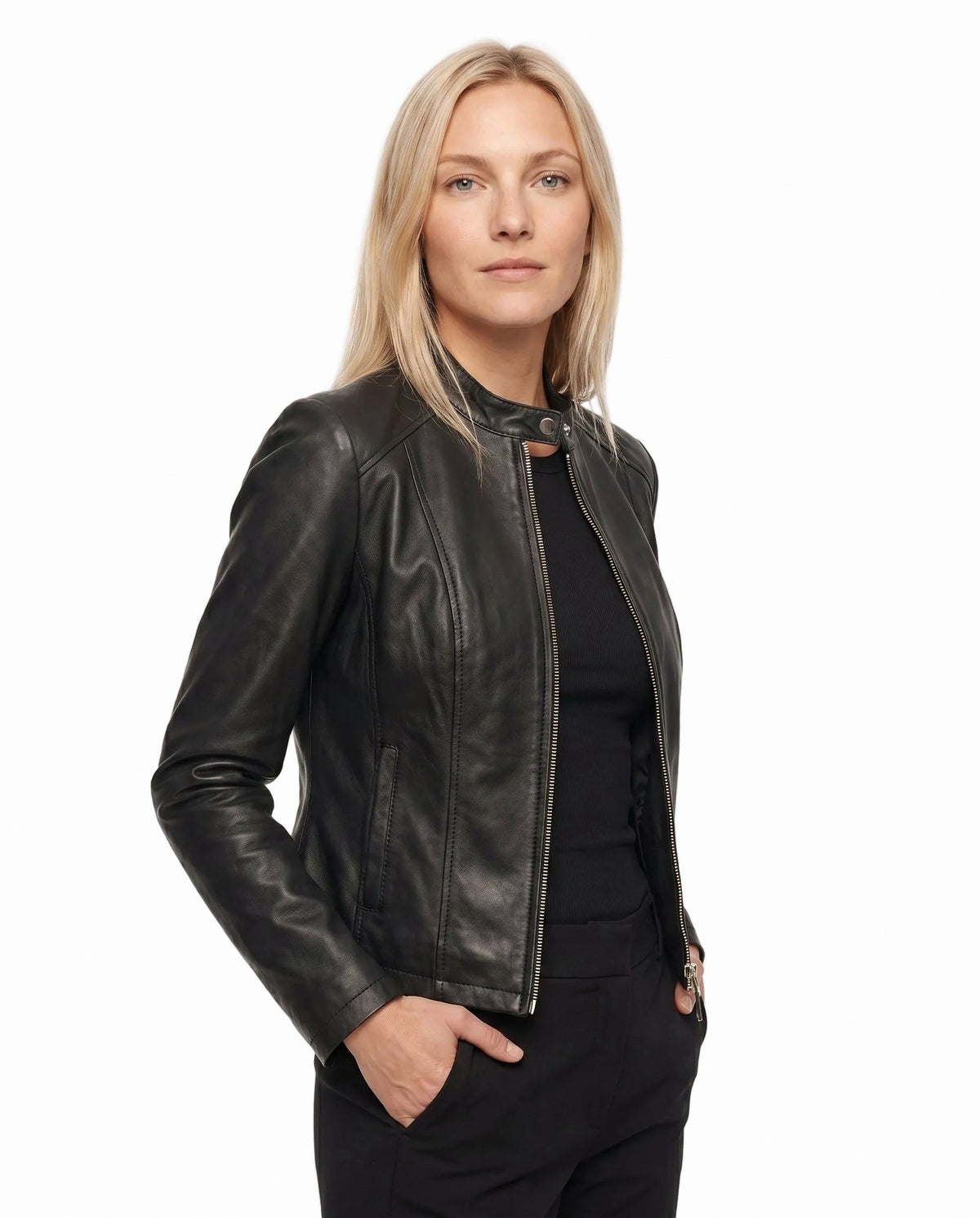 Leather Snap Collar Moto Jacket