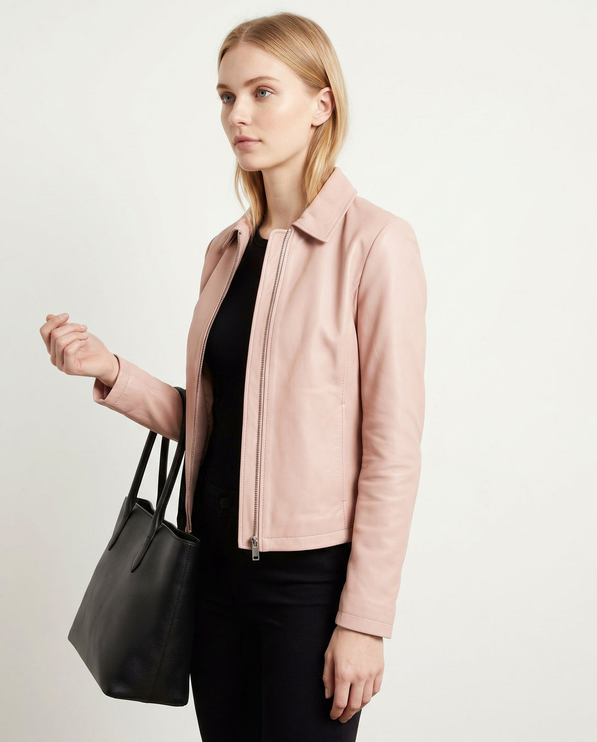 Leather Snap Collar Moto Jacket